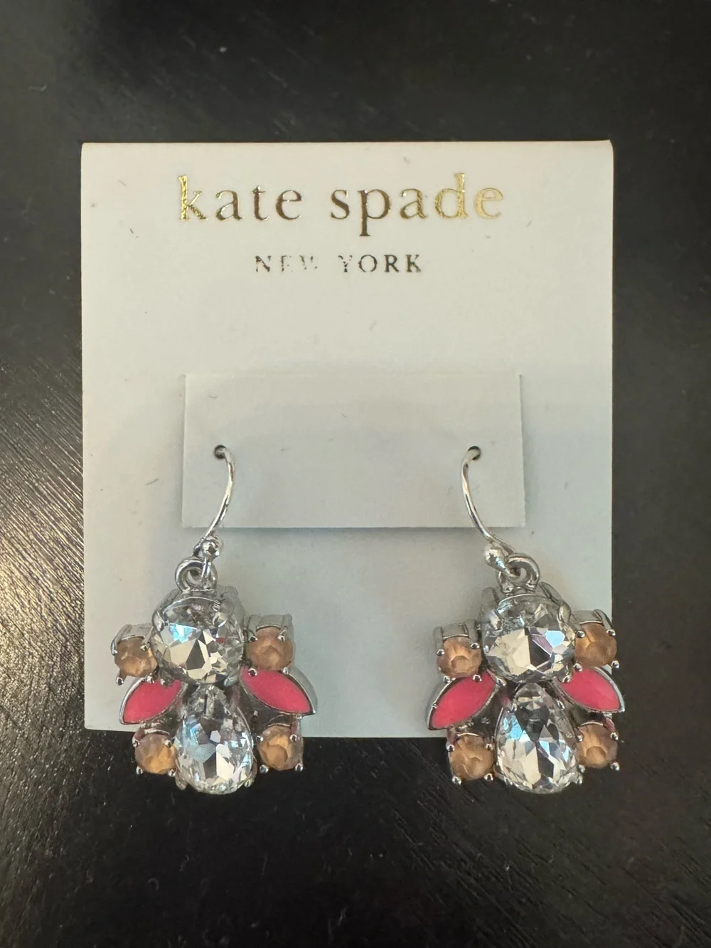kate spade silver-tone crystal and pink accent dangle earrings